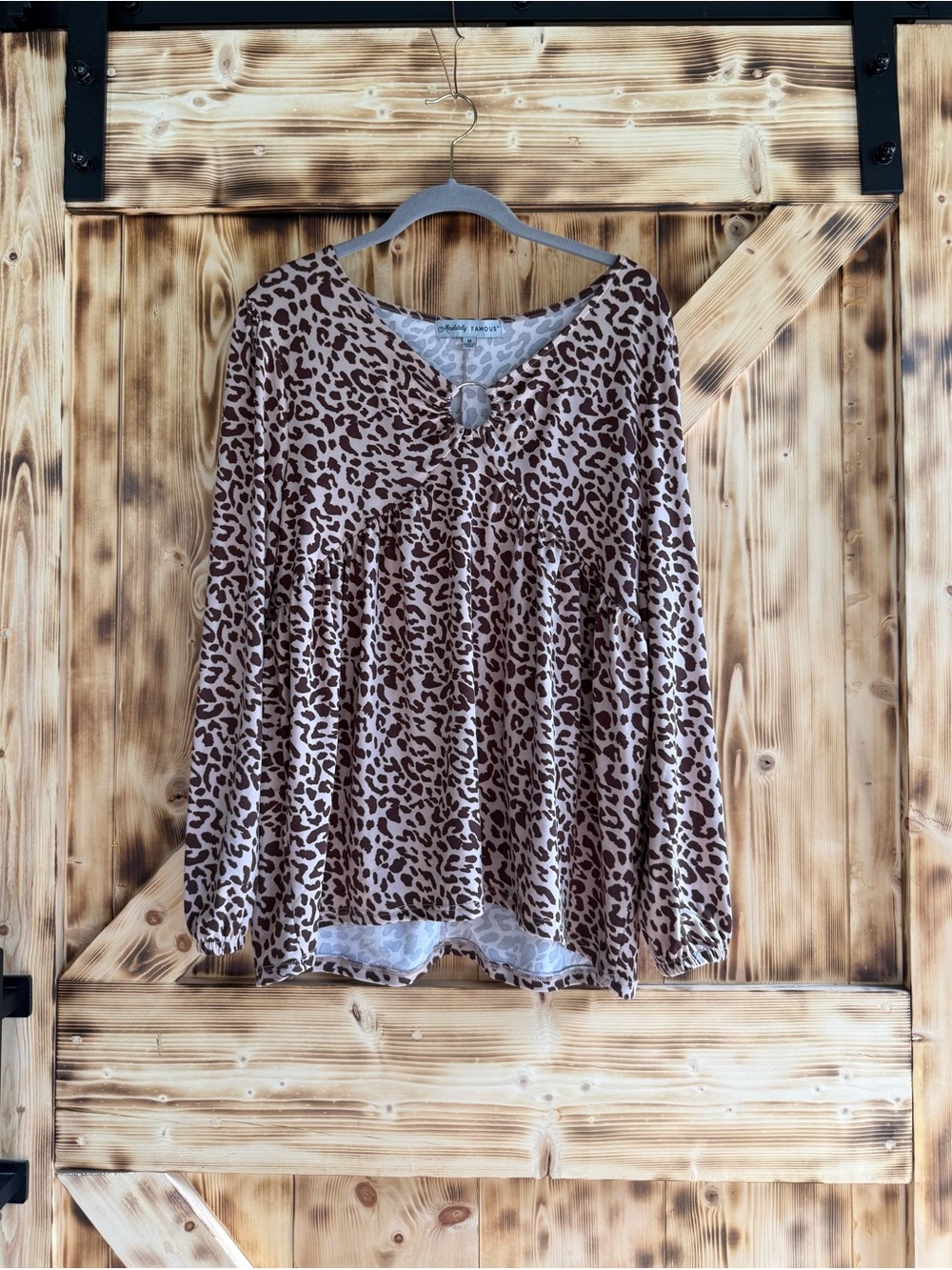 Absolutely Famous Leopard Print Peasant Tunic - Beige & Brown